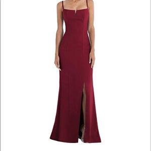 Dessy TH049 burgundy crêpe gown, sz 8 .Retails $139; worn 1x as a bridesmaid